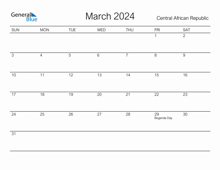 Printable March 2024 Calendar for Central African Republic