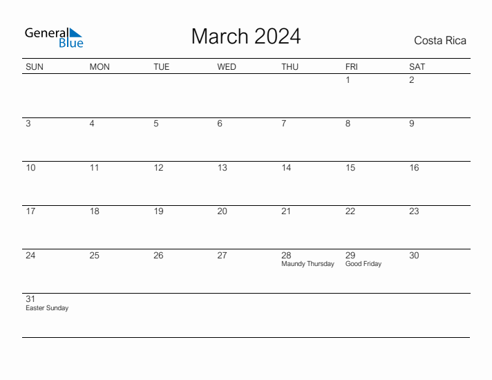 Printable March 2024 Calendar for Costa Rica