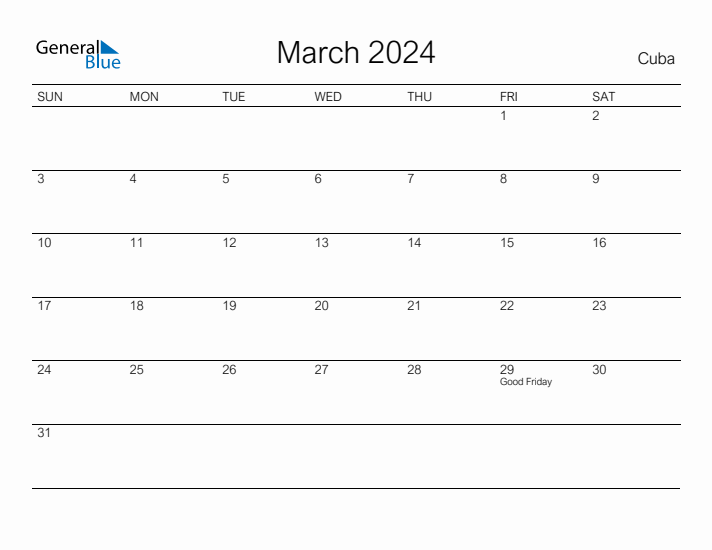 Printable March 2024 Calendar for Cuba