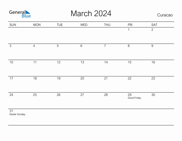 Printable March 2024 Calendar for Curacao