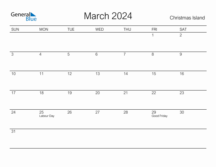 Printable March 2024 Calendar for Christmas Island