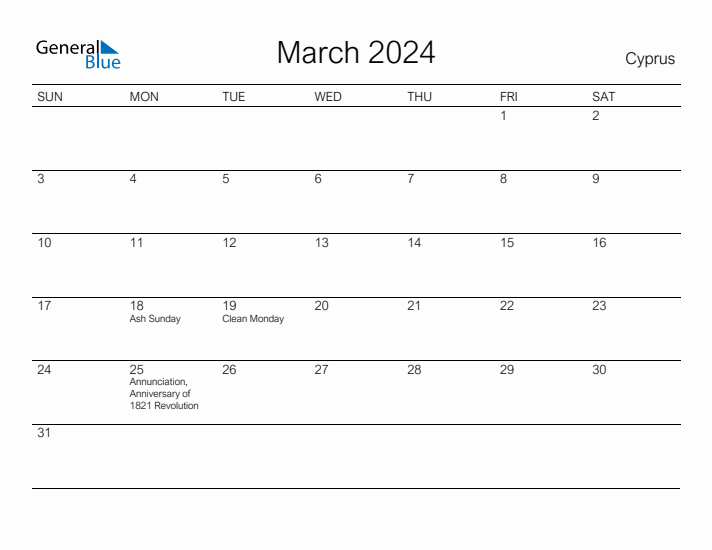 Printable March 2024 Calendar for Cyprus