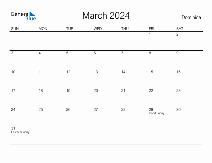 Printable March 2024 Calendar for Dominica