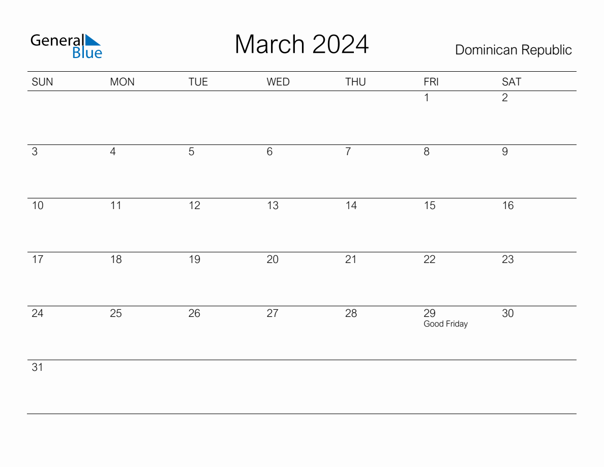 Printable March 2024 Monthly Calendar with Holidays for Dominican Republic