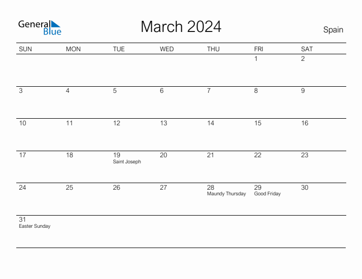 March 2024 Monthly Calendar with Spain Holidays