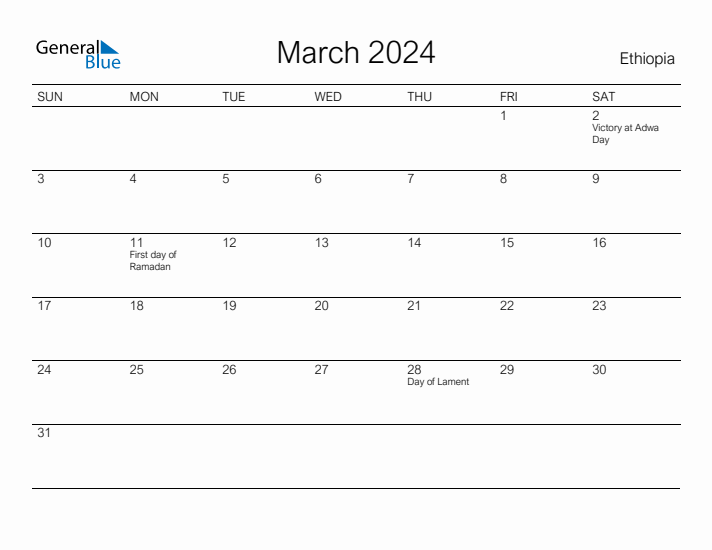 Printable March 2024 Calendar for Ethiopia