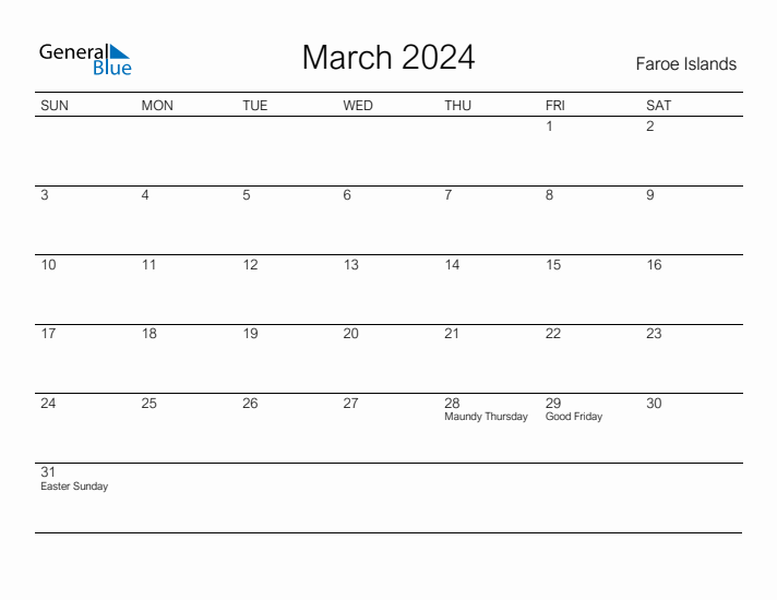 Printable March 2024 Calendar for Faroe Islands