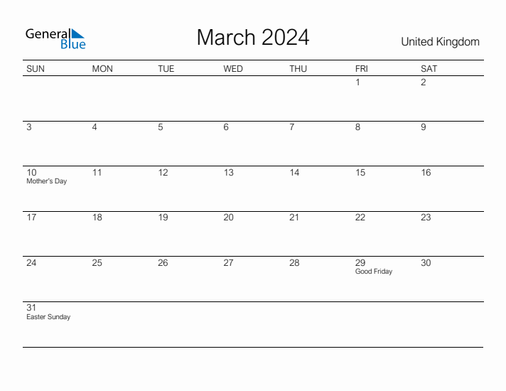 Printable March 2024 Calendar for United Kingdom