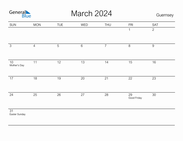 Printable March 2024 Calendar for Guernsey