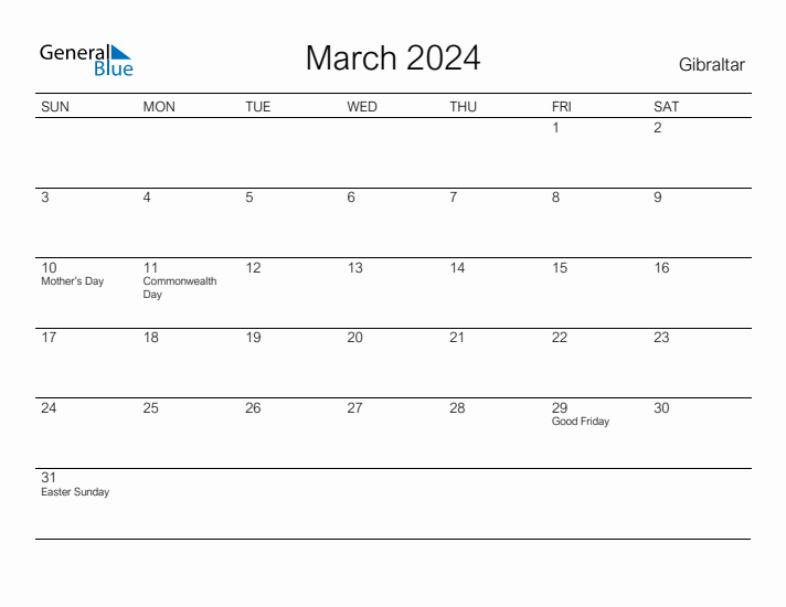 Printable March 2024 Calendar for Gibraltar