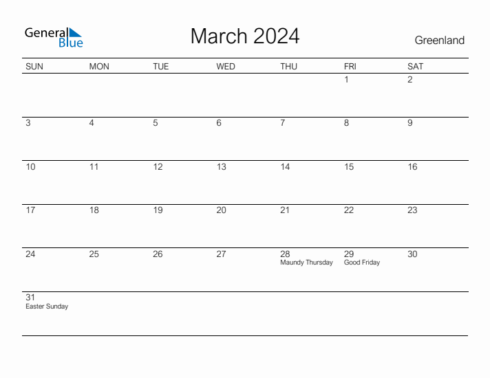 Printable March 2024 Calendar for Greenland