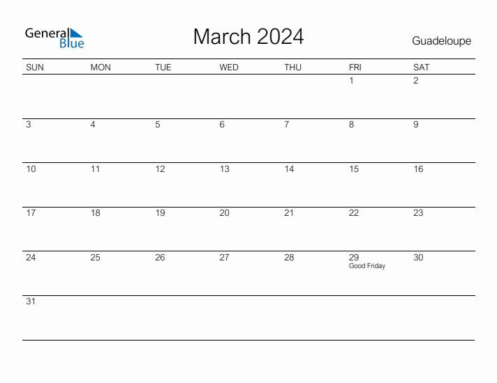 Printable March 2024 Monthly Calendar with Holidays for Guadeloupe
