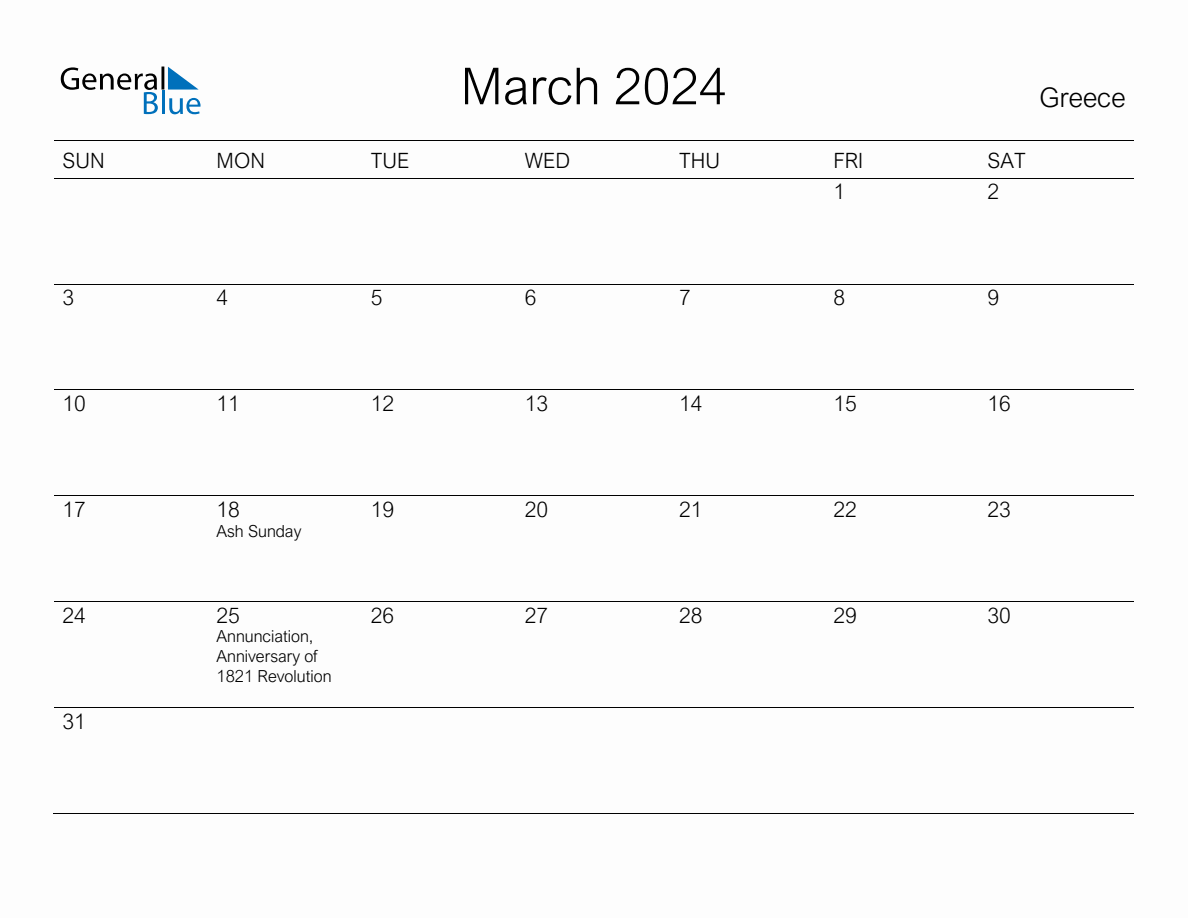 Printable March 2024 Monthly Calendar with Holidays for Greece