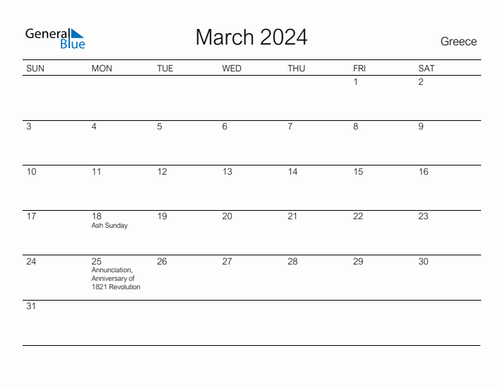 Printable March 2024 Monthly Calendar with Holidays for Greece