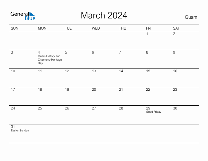 Printable March 2024 Calendar for Guam