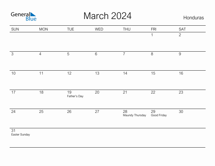 Printable March 2024 Calendar for Honduras