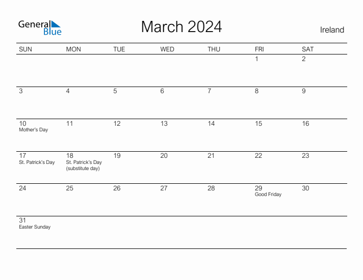 Printable March 2024 Calendar for Ireland