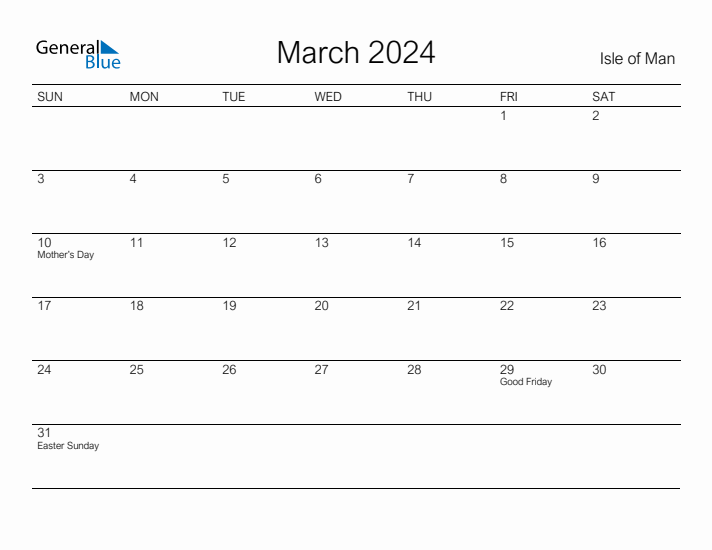 Printable March 2024 Calendar for Isle of Man
