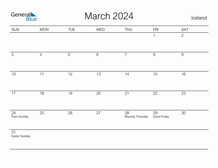Printable March 2024 Calendar for Iceland