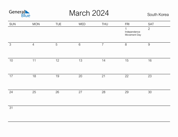Printable March 2024 Calendar for South Korea
