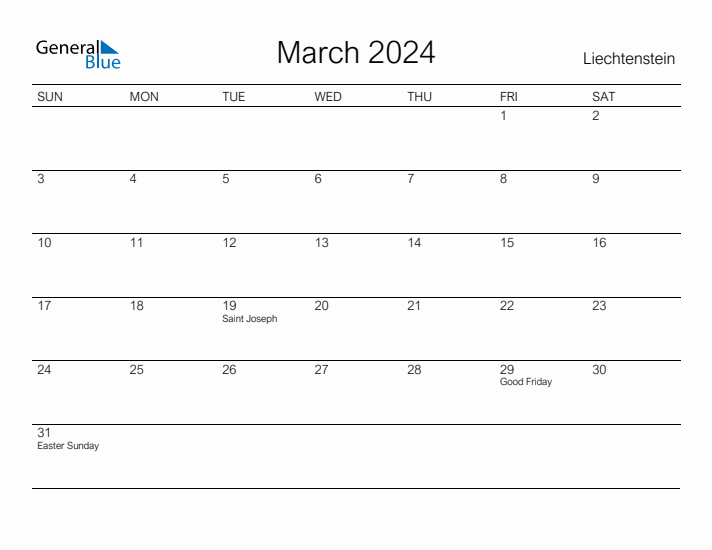 Printable March 2024 Calendar for Liechtenstein