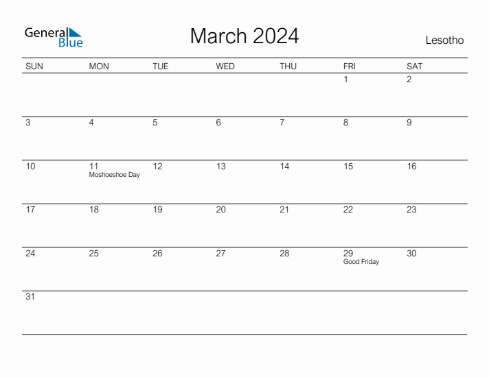 Printable March 2024 Calendar for Lesotho