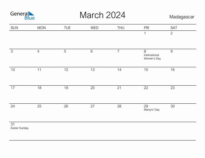 Printable March 2024 Calendar for Madagascar