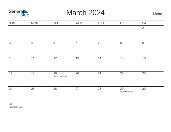 Printable March 2024 Calendar for Malta