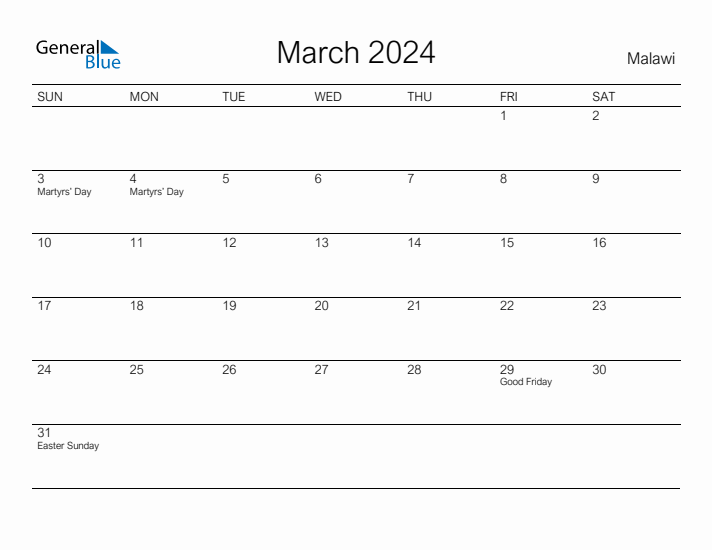 Printable March 2024 Calendar for Malawi