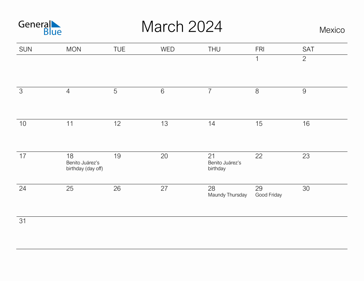 Printable March 2024 Monthly Calendar with Holidays for Mexico
