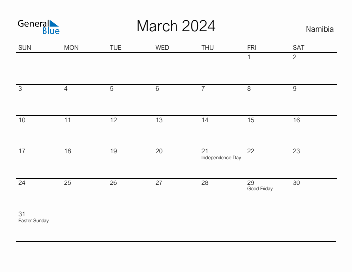 March 2024 Monthly Calendar with Namibia Holidays
