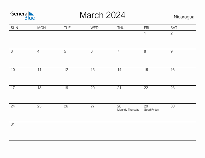 Printable March 2024 Calendar for Nicaragua