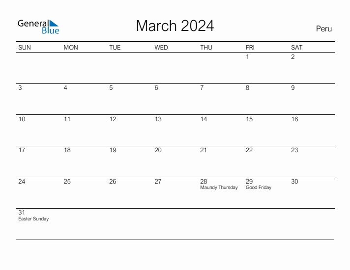 Printable March 2024 Calendar for Peru
