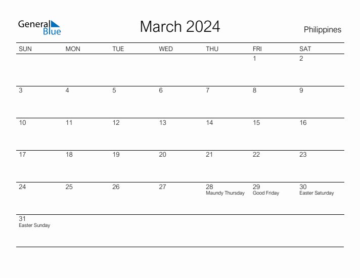 March 2024 Monthly Calendar with Philippines Holidays