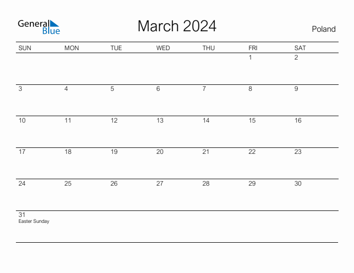 Printable March 2024 Calendar for Poland
