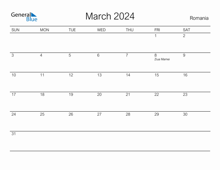 Printable March 2024 Calendar for Romania