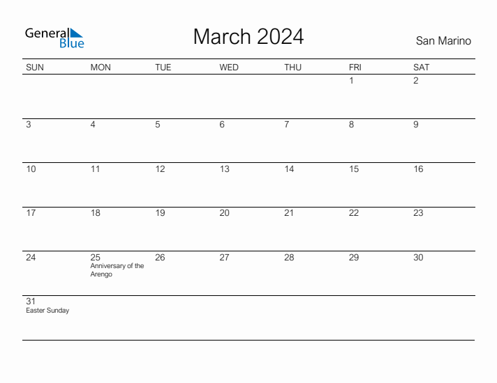 Printable March 2024 Calendar for San Marino