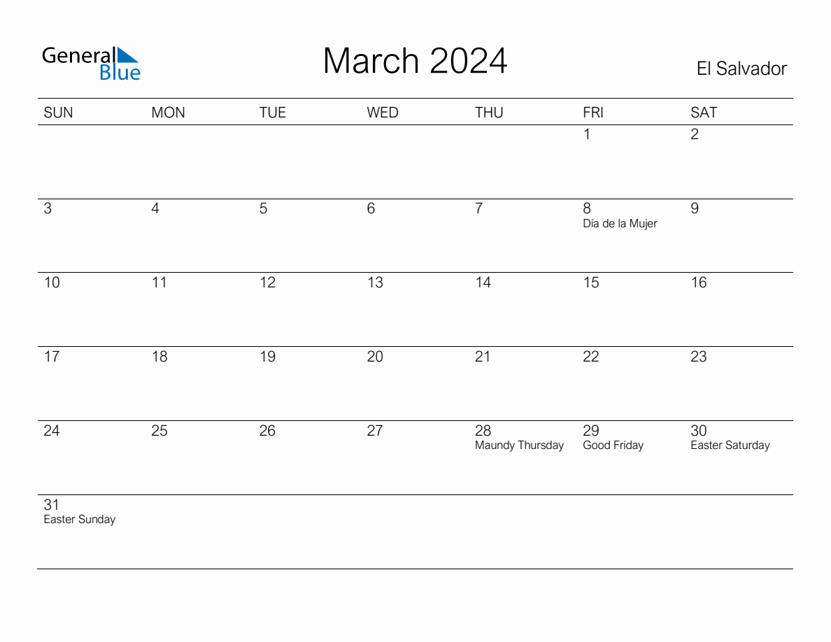 Printable March 2024 Monthly Calendar with Holidays for El Salvador