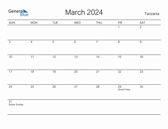 Printable March 2024 Calendar for Tanzania