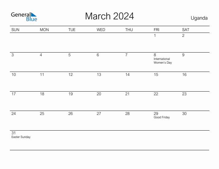 Printable March 2024 Calendar for Uganda