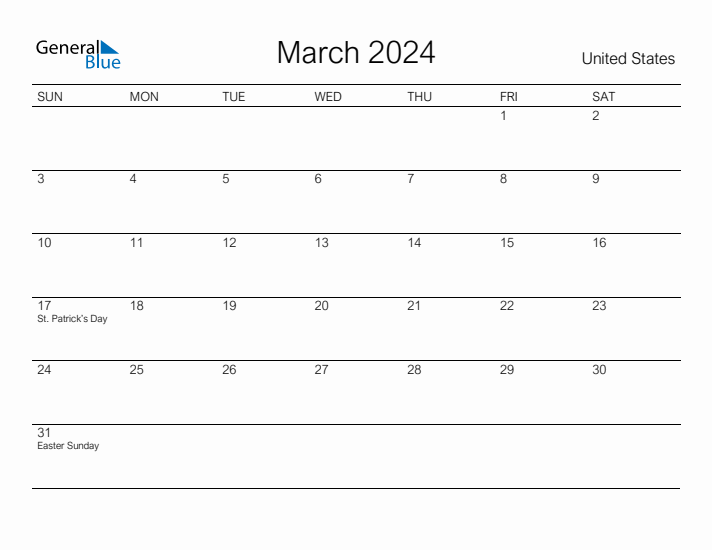 Printable March 2024 Monthly Calendar with Holidays for United States