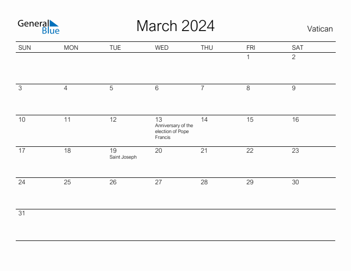 Printable March 2024 Calendar for Vatican
