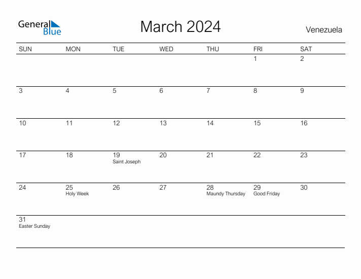 Printable March 2024 Calendar for Venezuela