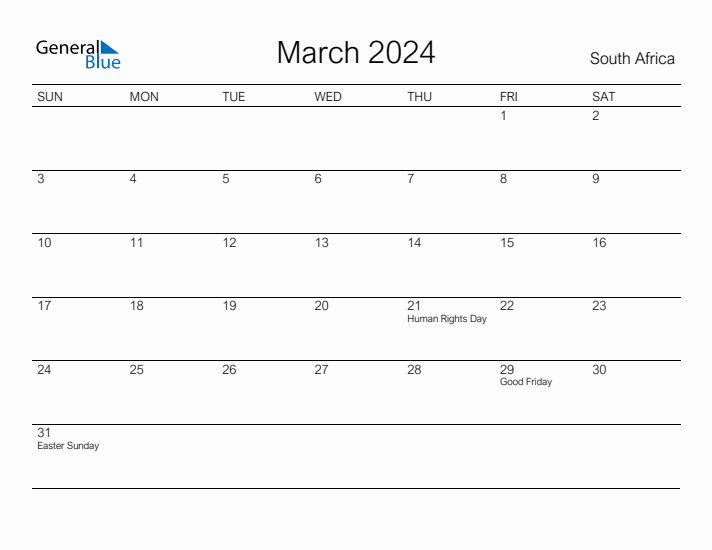March 2024 Monthly Calendar with South Africa Holidays