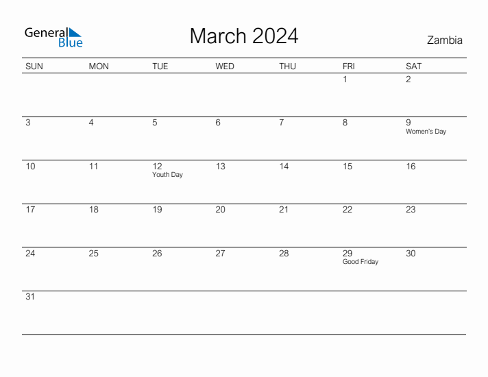 March 2024 Monthly Calendar with Zambia Holidays