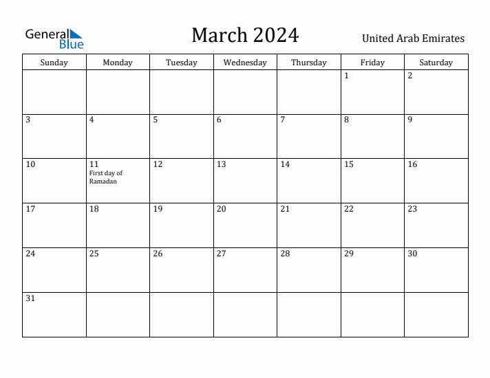 March 2024 Monthly Calendar with United Arab Emirates Holidays
