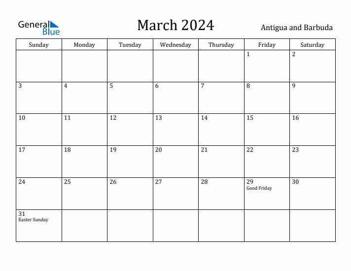 March 2024 Calendar Antigua and Barbuda