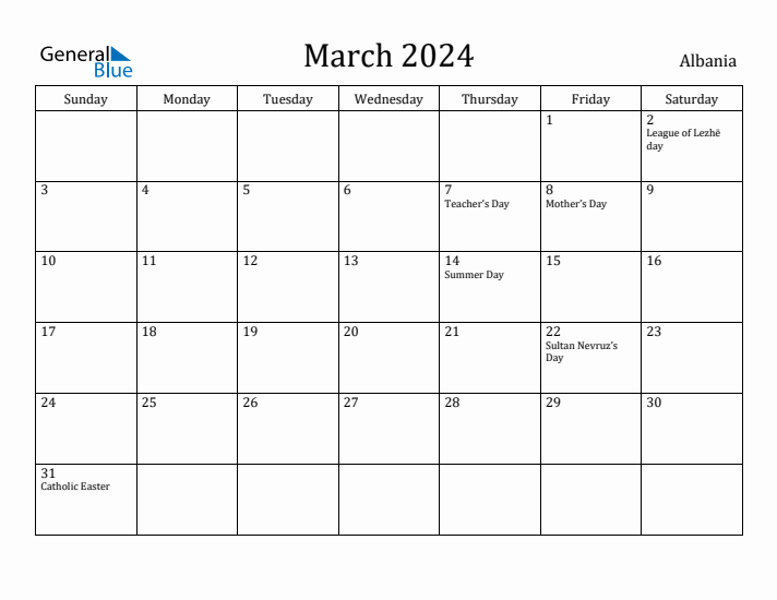 March 2024 Calendar Albania