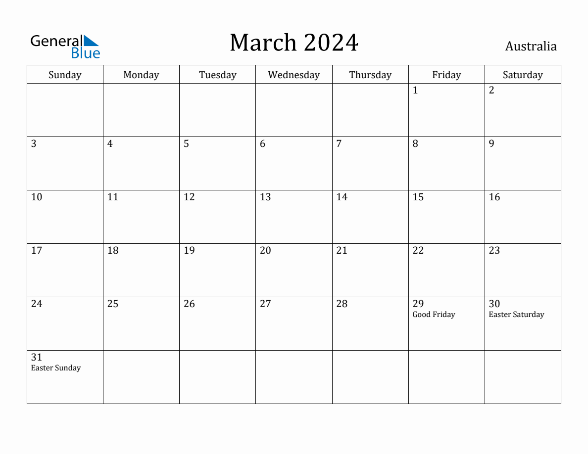 March 2024 monthly calendar with holidays in Australia
