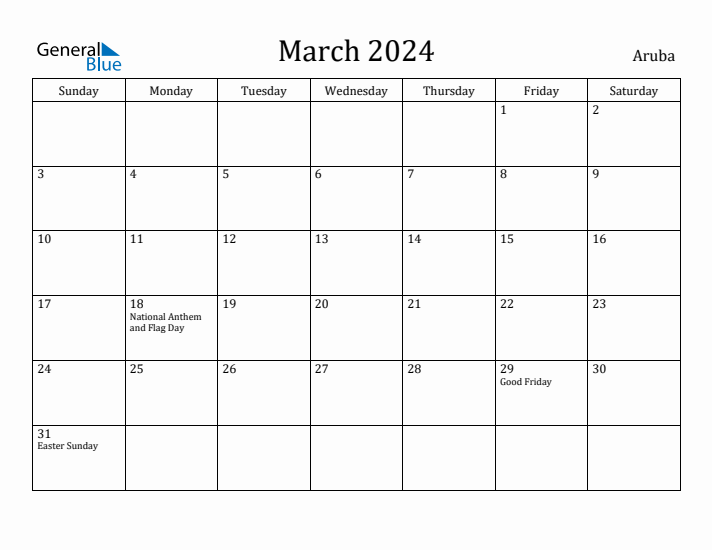 March 2024 Monthly Calendar with Aruba Holidays
